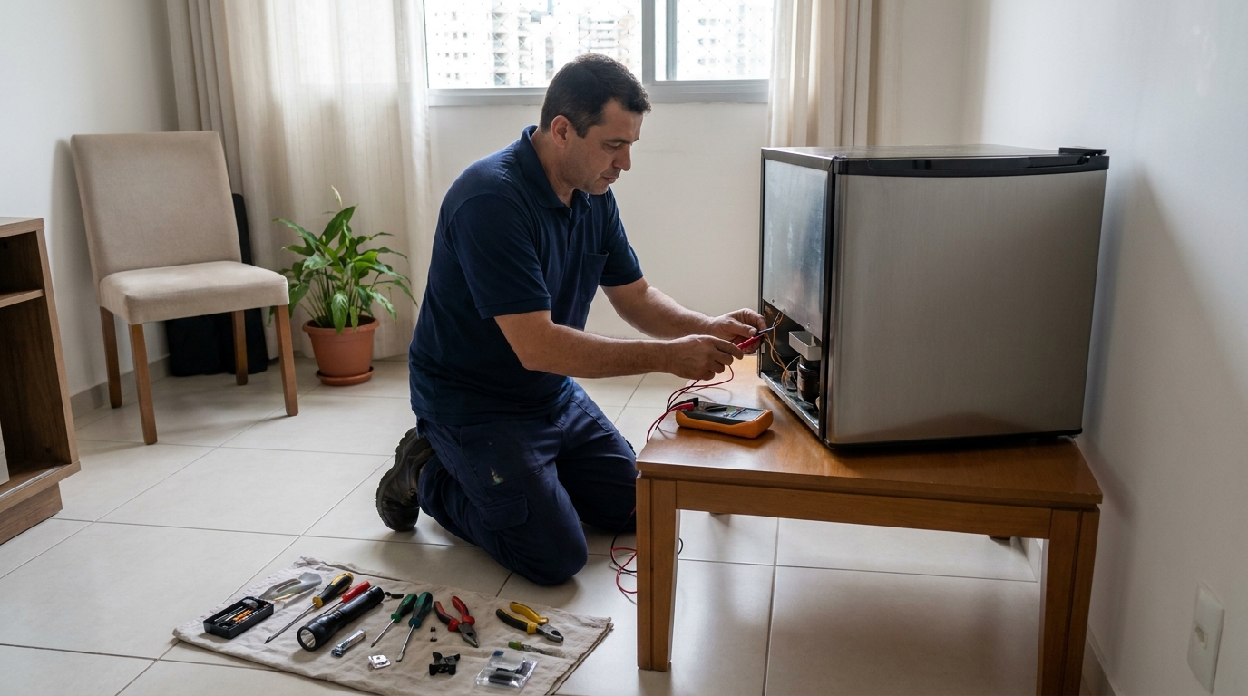 Técnico realizando manutenção de motor de frigobar em Indaiatuba‑SP
