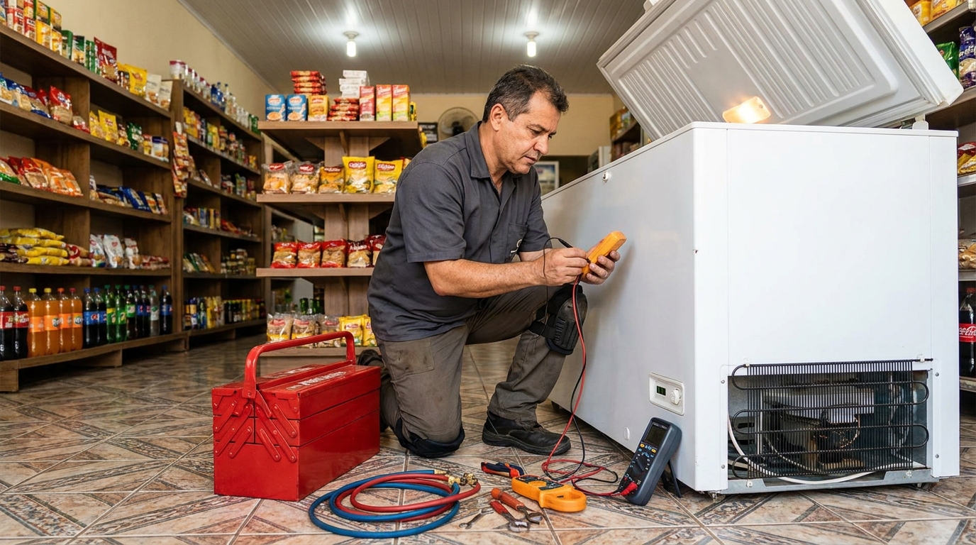 Recarga de gás refrigerante em freezer em atendimento em Indaiatuba‑SP